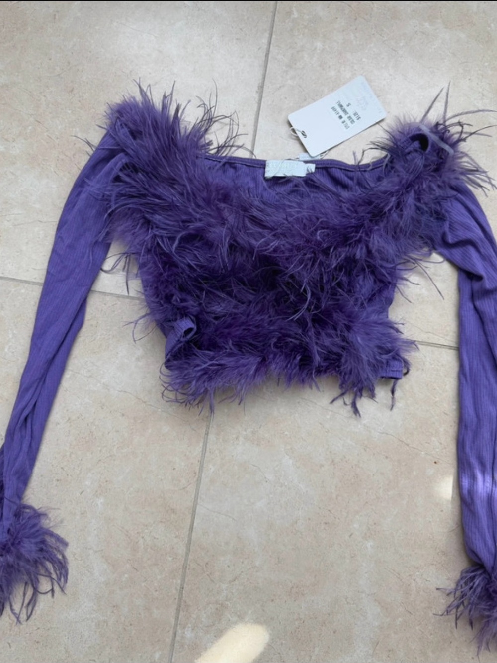 Purple Feather-Trim Long Sleeve Crop Top